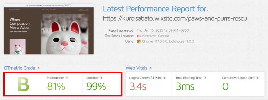 Wix GTMetrix speed test results