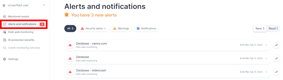 NordProtect alerts and notifications UI