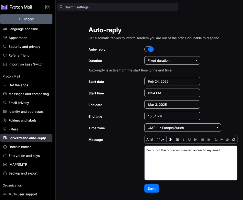 Proton Mail Auto-reply