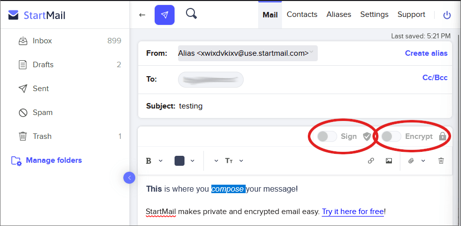 StartMail composing an email message