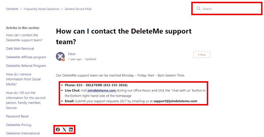 DeleteMe support options