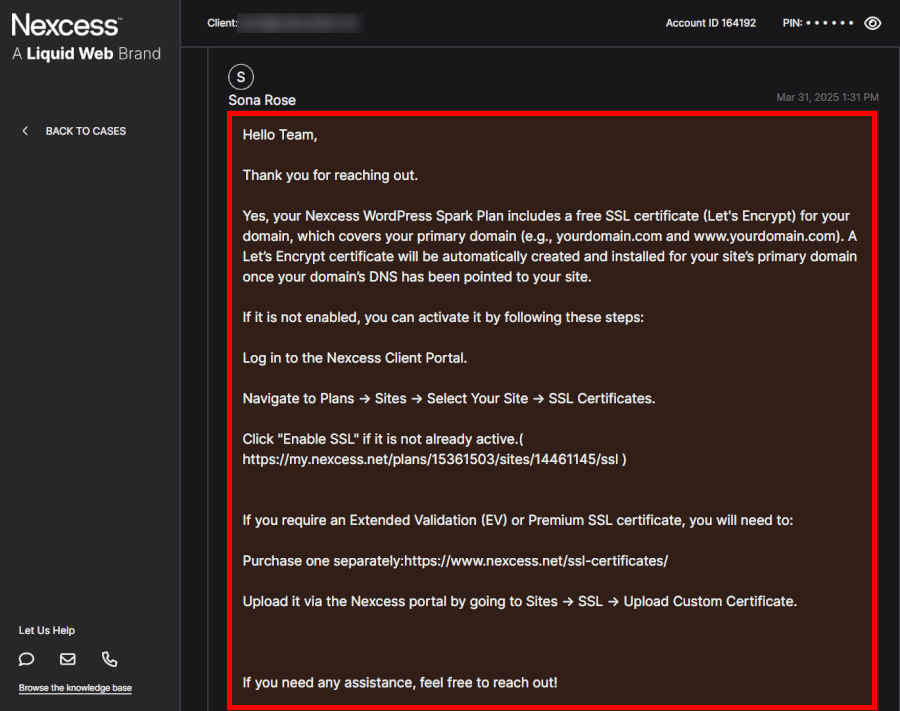 Liquid Web support ticket