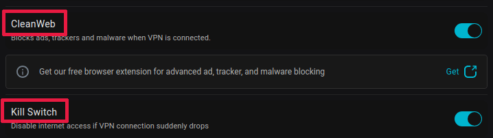 Surfshark settings CleanWeb and Kill Switch