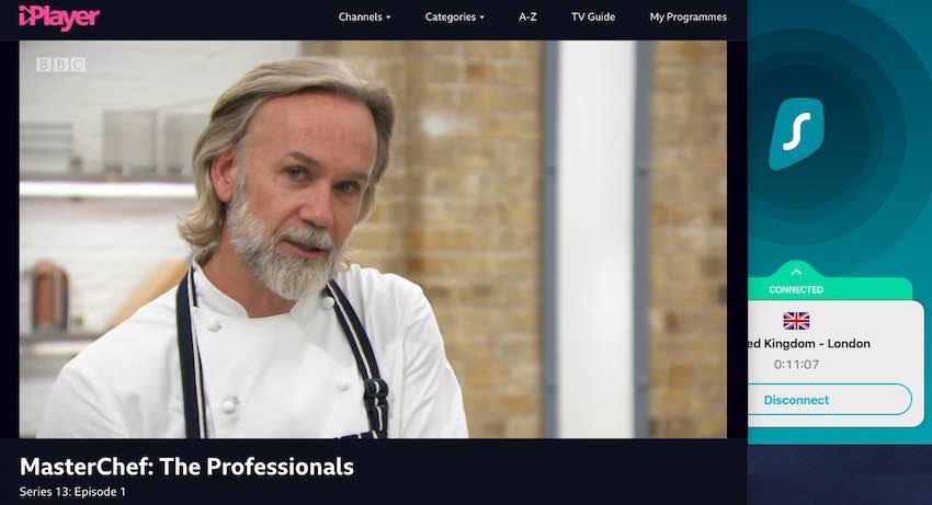 Screenshot of BBC iPlayer streaming MasterChef with Surfshark VPN connected