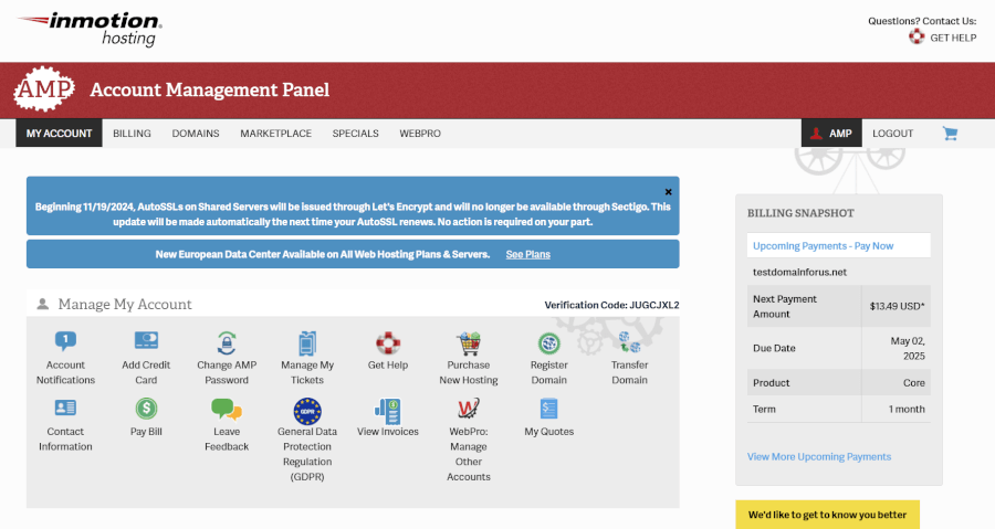 InMotion Hosting dashboard
