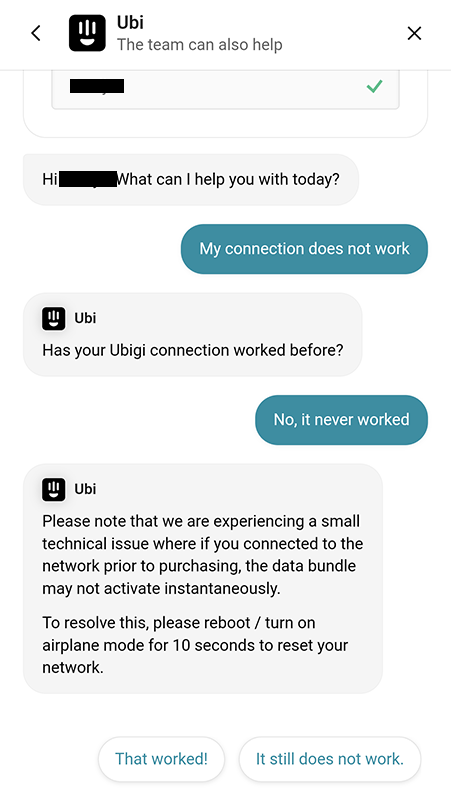 Ubigi customer support