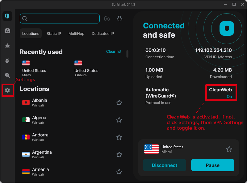 Surfshark with CleanWeb annotated