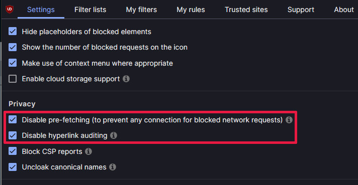 uBlock Origin settings