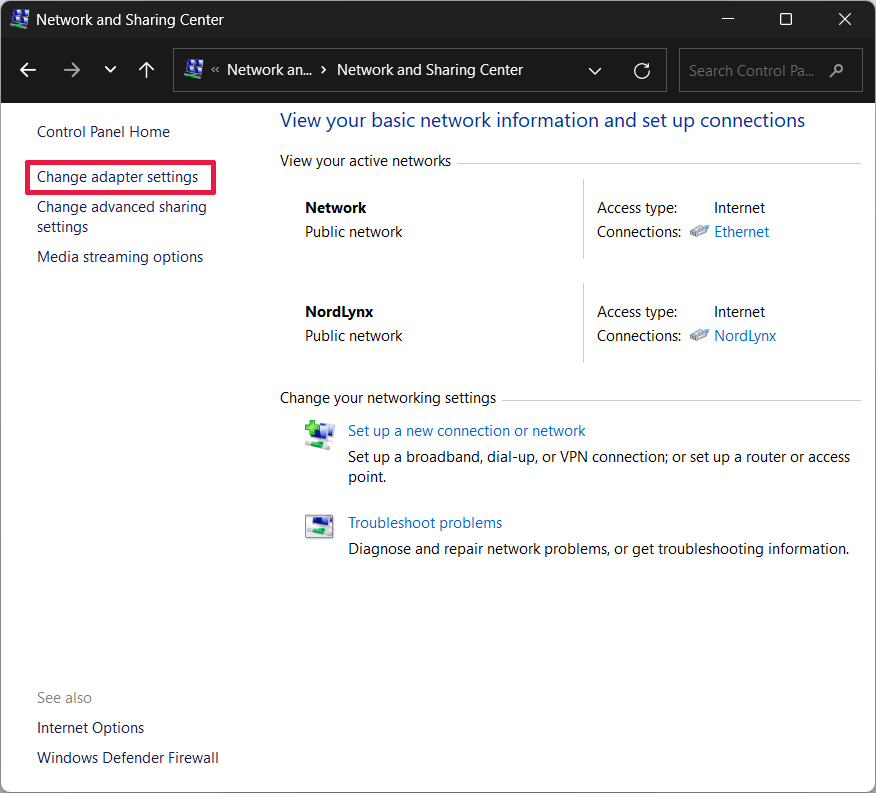 Windows Network and sharing Centr