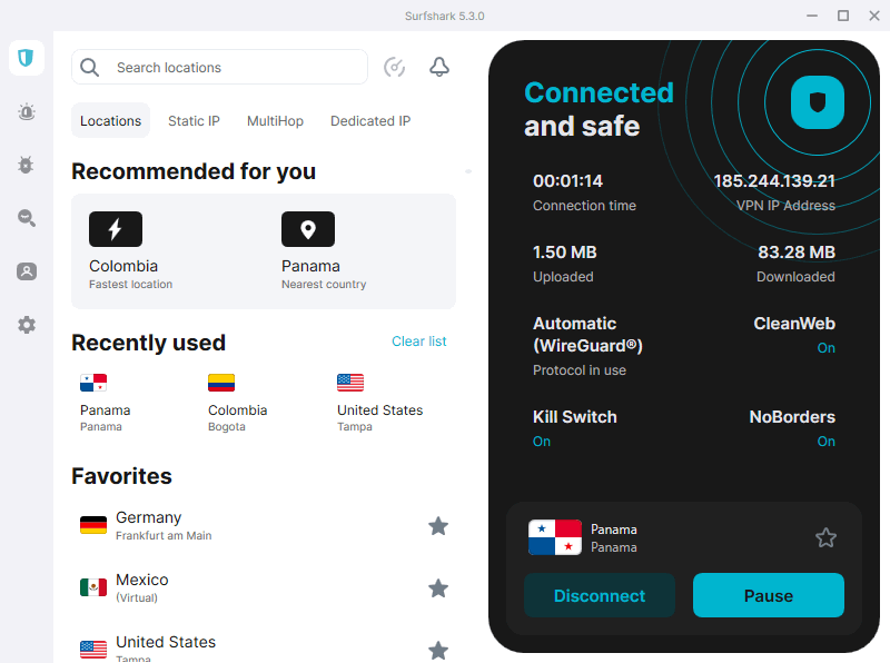 Screenshot of Surfshark's Windows app interface