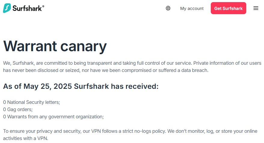 Screenshot of Surfshark's warrant canary