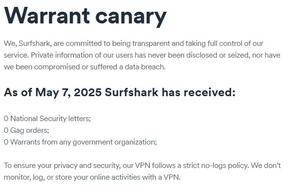 Screenshot of Surfshark’s warrant canary