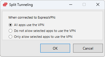 ExpressVPN split tunneling dialog box