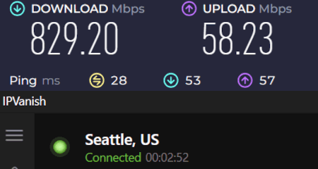 IPVanish speed 829Mbps