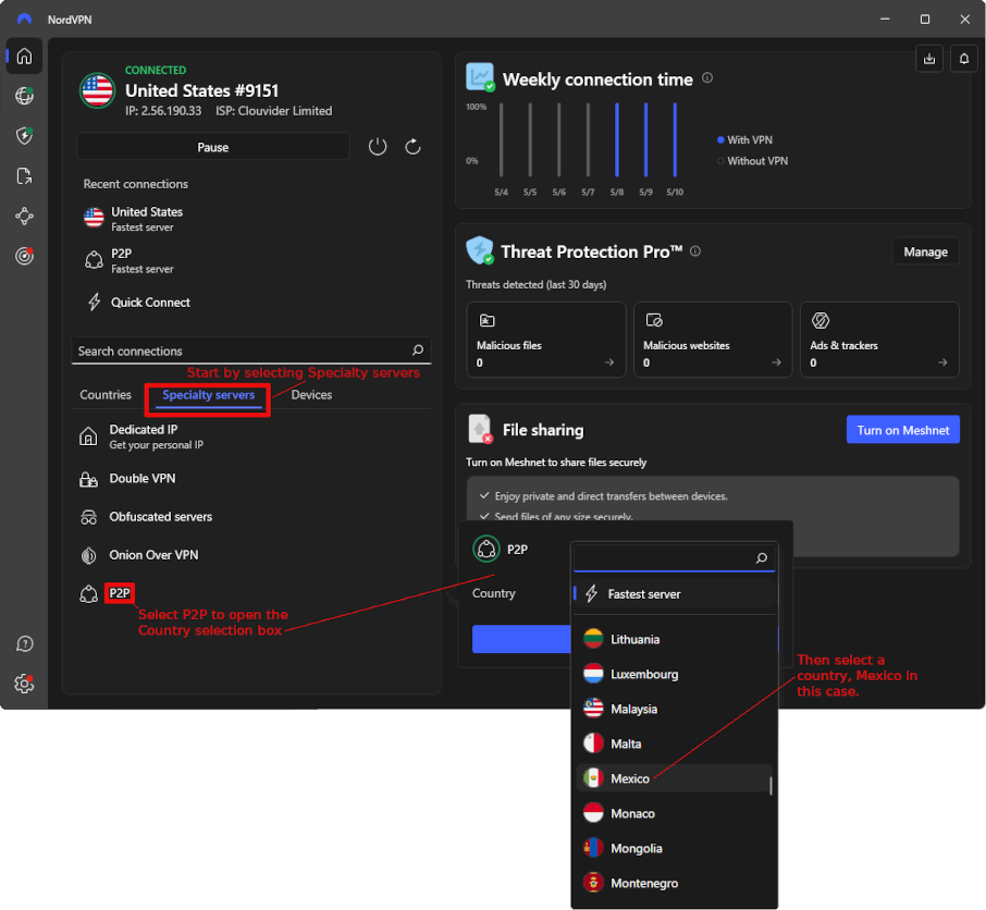 NordVPN select P2P server for Torrent