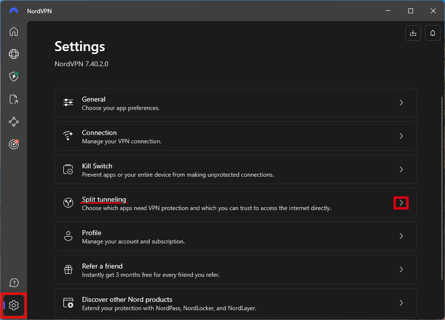NordVPN Settings page