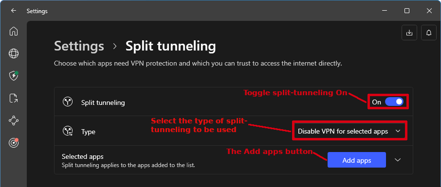 NordVPN Settings > Split tunneling page