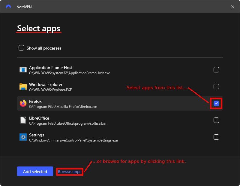 NordVPN split tunneling - Select apps