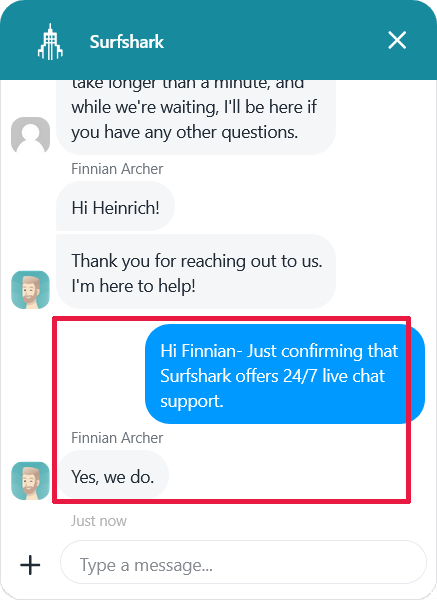 Surfshark 24/7 live chat support