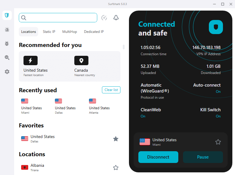 Screenshot of Surfshark windows desktop app