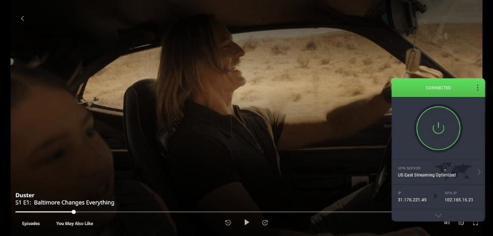 Screenshot of HBO Max streaming Duster with PIA VPN connected to a US streaming server