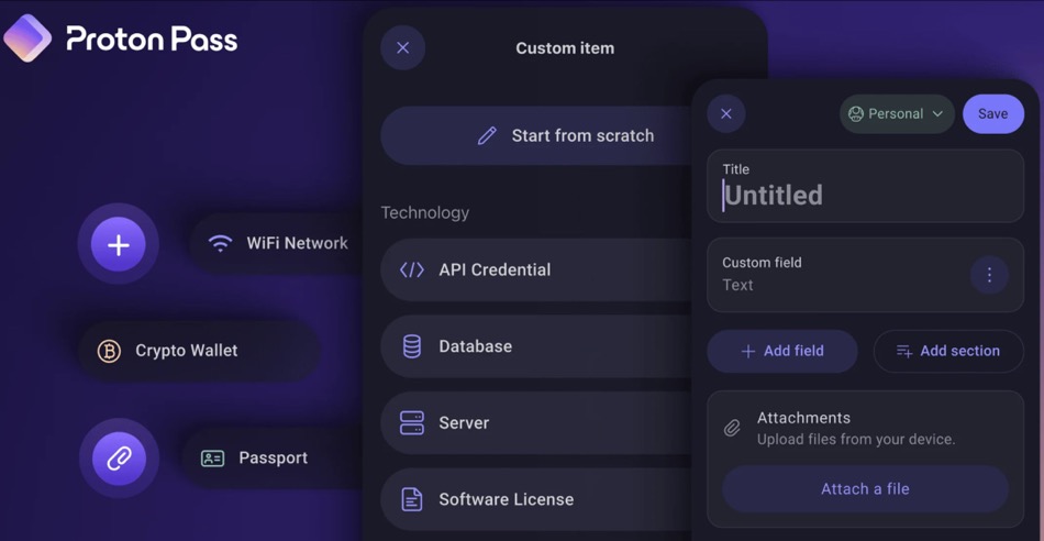 Screenshot of Proton Pass vault showing custom user items