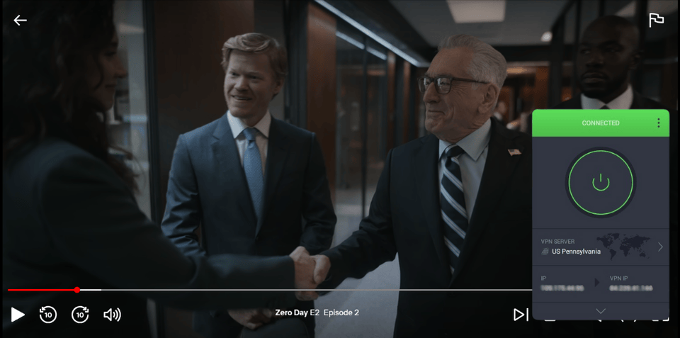 Screenshot of Netflix streaming Zero Day with PIA connected to a US server