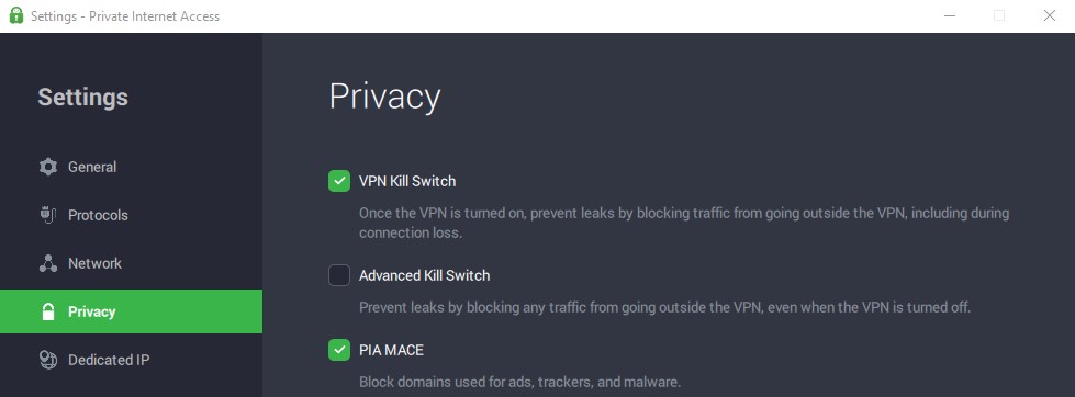 Screenshot of PIA settings interface showing the kill switch and MACE ad blocker