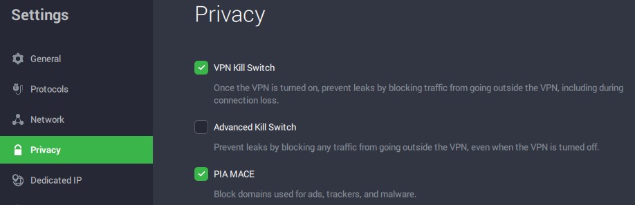 Screenshot of PIA settings interface showing the kill switch and MACE ad blocker