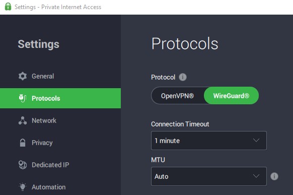 Screenshot of PIA settings showing protocol selection