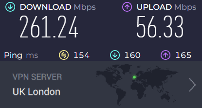 Screenshot of PIA speed test result with the London server