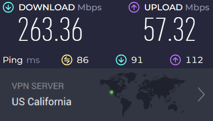Screenshot of PIA speed test result with the Los Angeles server