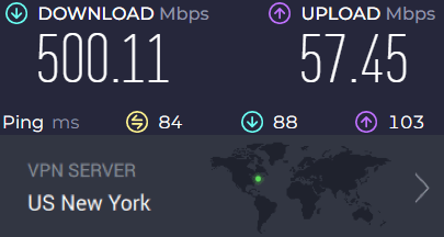 Screenshot of PIA speed test result with the New York server