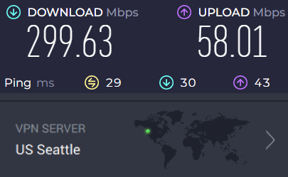 Screenshot of PIA speed test result with the Seattle server