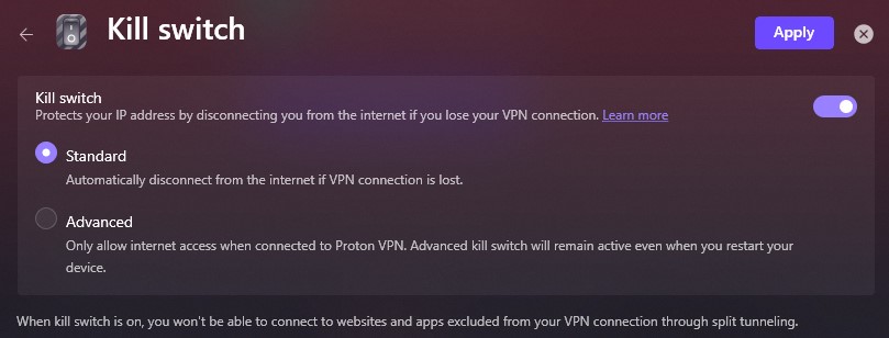 Screenshot of Proton VPN's Advanced Kill Switch feature