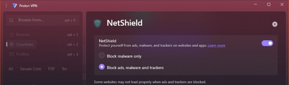 Screenshot of Proton VPN's NetShield ad-blocking feature