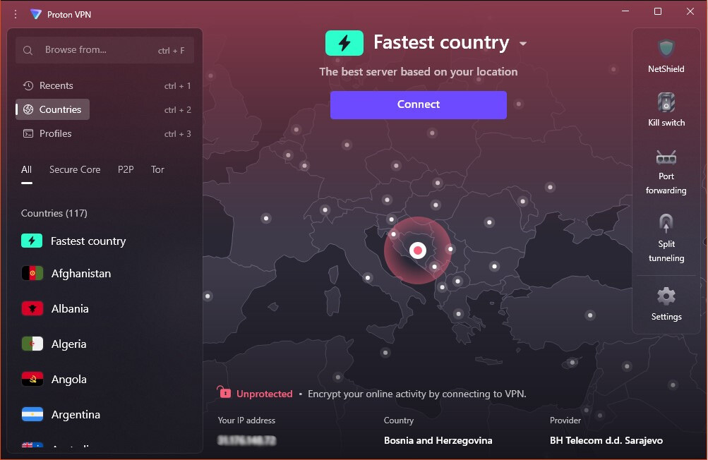 Proton VPN Windows app dark interface
