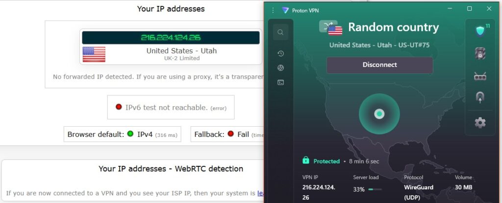 Screenshot of Proton VPN leak test results