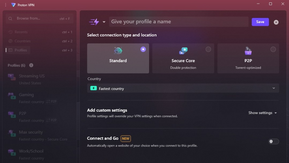 Screenshot of Proton VPN profile creation screen