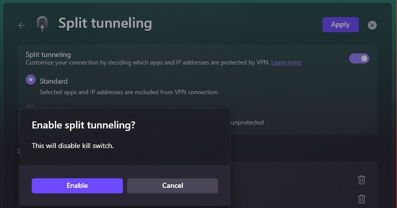 Screenshot of Proton VPN interface showing that split tunneling can not be activated with kill switch on