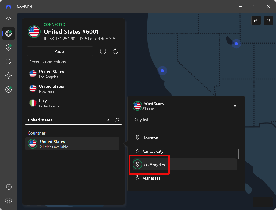 NordVPN choosing a Los Angeles server