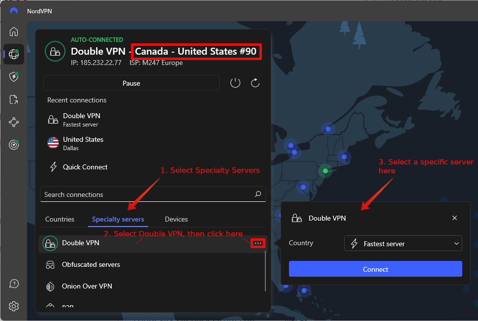 NordVPN Double VPN server selection
