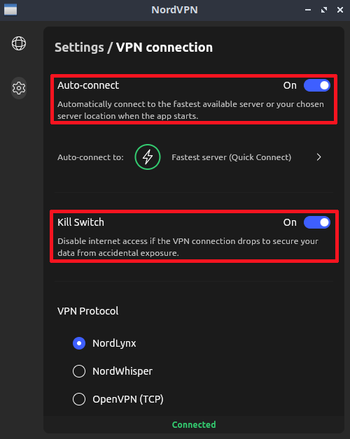 NordVPN enable Auto-connect and the Kill Switch