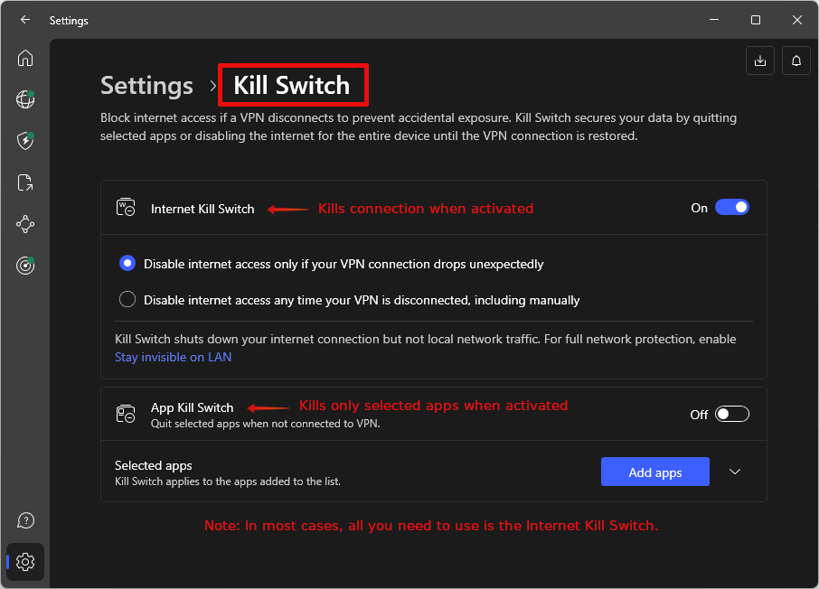 NordVPN for Windows kill switches