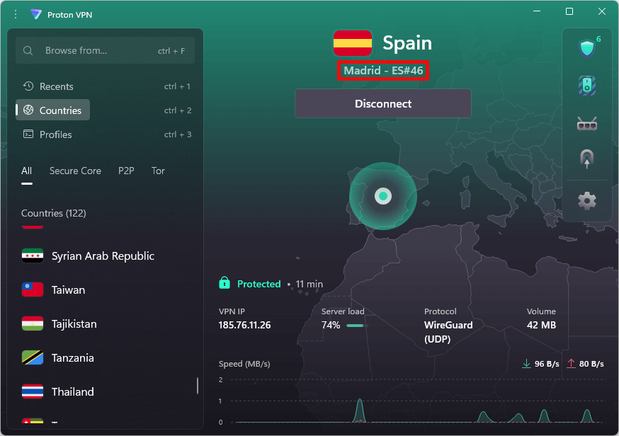 Proton VPN connected to a server in Spain