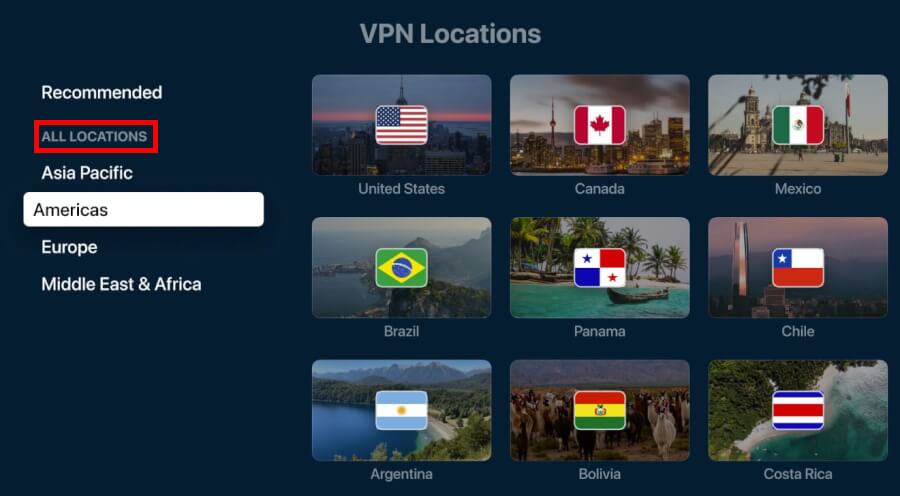 Screenshot of ExpressVPN's Apple TV app interface showing VPN locations