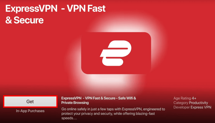 Screenshot of ExpressVPN's Apple TV app in the Apple App store