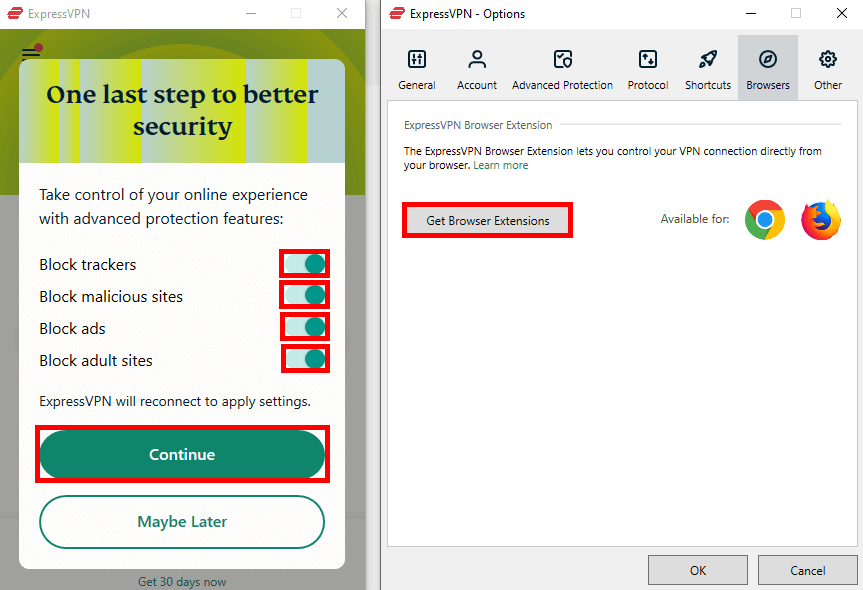 Screenshot of ExpressVPN's Windows app interface showing the advanced protection settings