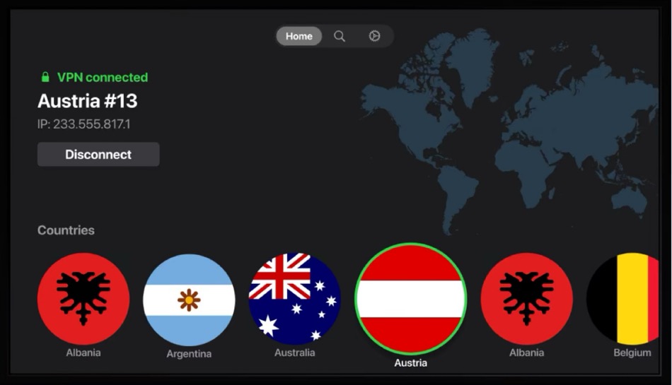 Screenshot of NordVPN's Apple TV app interface