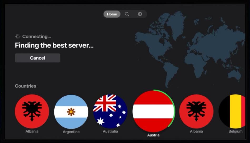 Screenshot of NordVPN's Apple TV app interface